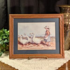 13x16 Vintage Oak & Blue Velvet Framed Print of Girl & Ducks by D Johnston Hays